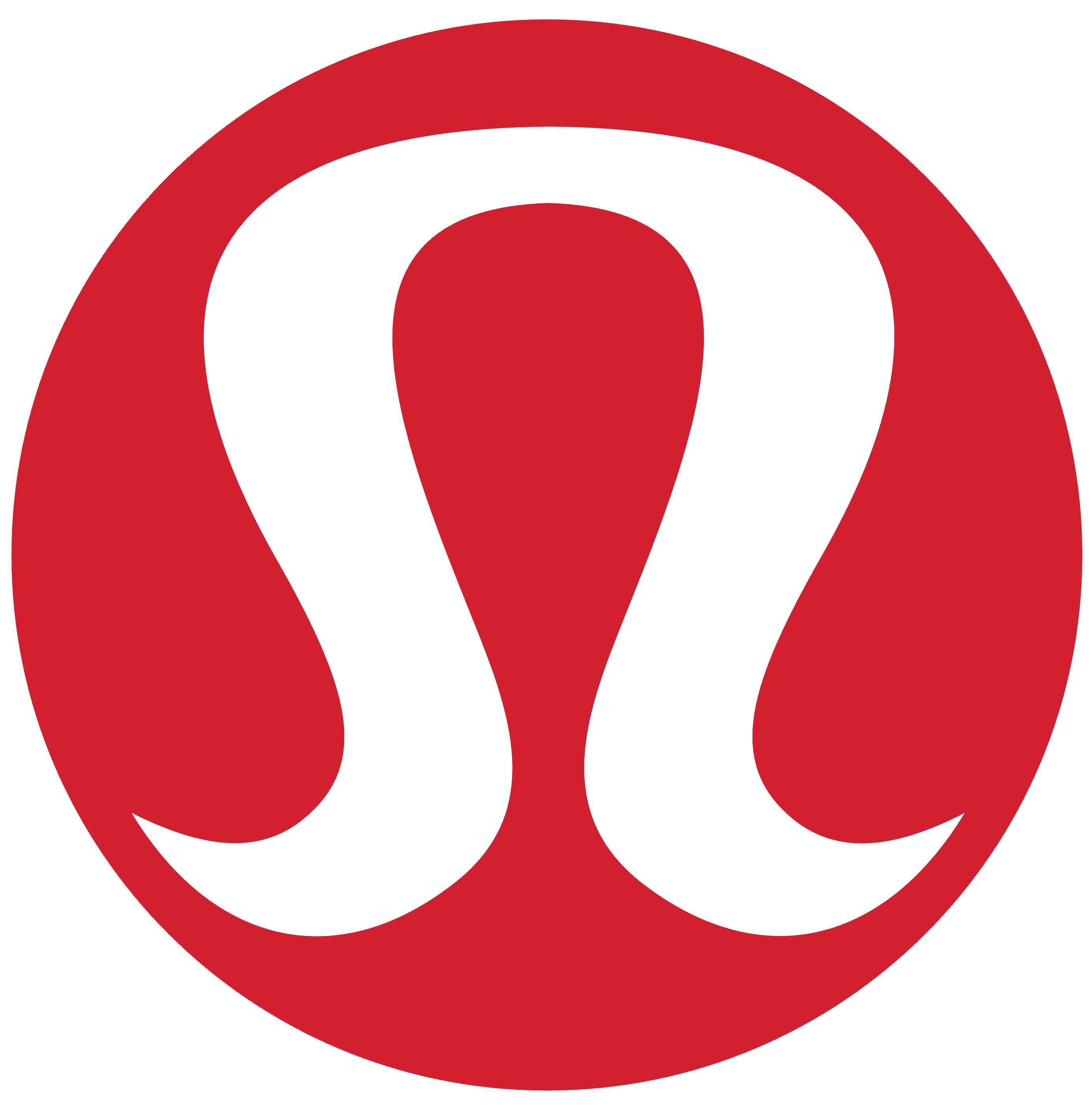 Red circle with a stylized white logo that resembles an abstract, curved "A" or omega symbol, representing the Lululemon Athletica brand.